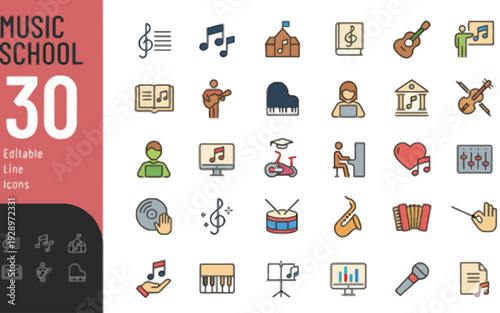 Collection of music-themed icons on a white background representing various music elements and activities