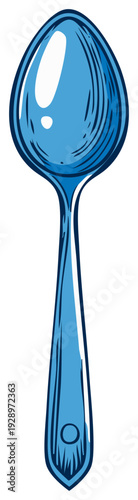 Blue spoon illustration, drawing of utensil, simple kitchenware design, isolated object