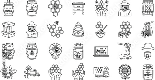 Professional beekeeping and organic honey production line icon set featuring honey jars, bees, honeycombs, beehives, beekeepers, flowers, dippers, and natural apiary equipment symbols.