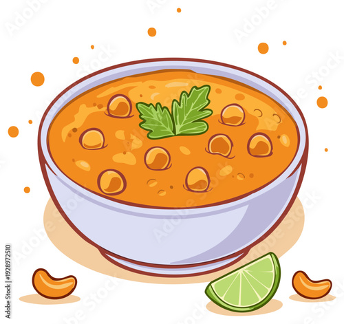 Bowl of chickpea curry with lime wedge and cashew nuts for a healthy meal, cartoon style illustration.