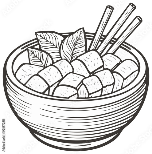 Monochrome line art of an Asian food bowl filled with grilled skewers and fresh herbs.