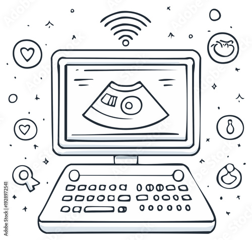 Ultrasound scan illustration with fetal medical icons and keyboard