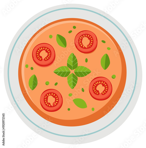 Flat lay illustration of fresh tomato soup in a bowl with basil and sliced tomatoes garnish
