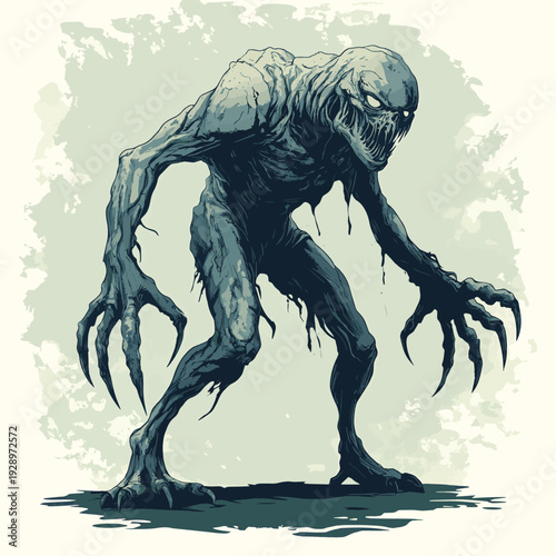 Creepy fantasy monster illustration, gaunt humanoid creature with sharp claws and gnarled skin, dark horror concept art drawing , vector style simple color