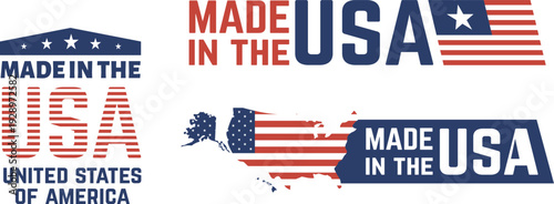 Made in USA Typography and United States Map Badge Set with American Flag Elements Vector Collection
