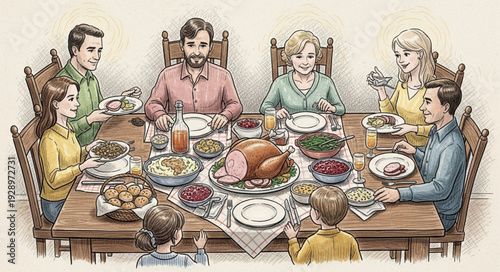 Family gathered around a table for a holiday feast.