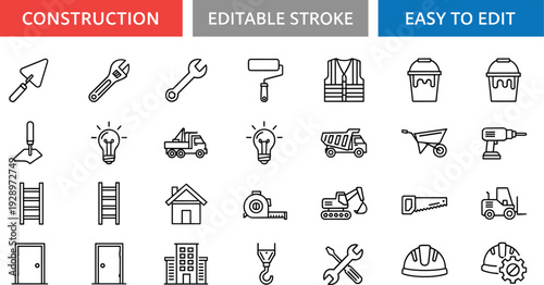 Professional construction and industrial tool line icon set featuring wrenches, trowels, heavy machinery, safety vests, helmets, ladders, drills, saws, and building development symbols.