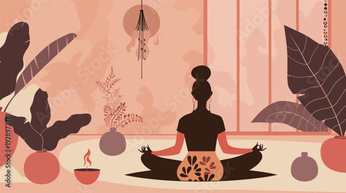 Flat vector illustration of a person meditating in a quiet room, minimalist mindfulness and yoga concept with calm interior scene
