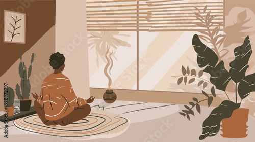 Flat vector illustration of a person meditating in a quiet room, minimalist mindfulness and yoga concept with calm interior scene