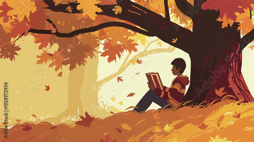 Flat vector illustration of a person reading a captivating book under the tree, peaceful outdoor scene with relaxed reader in nature, minimalist design isolated on white background for leisure