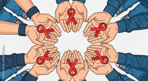 Illustration of multiple hands holding red awareness ribbons forming a circle on World Hemophilia Day with a symbolic gesture.