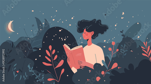 Flat vector illustration of a person reading a personal journey book, minimalist self-discovery and inspirational storytelling concept, clean modern design