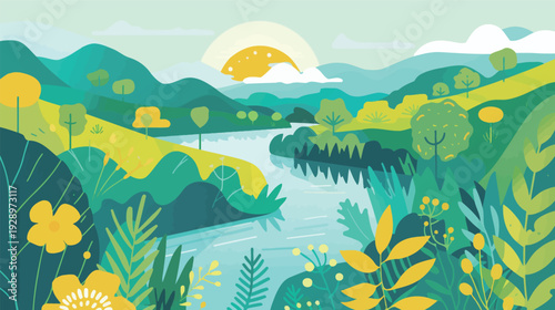 Flat vector landscape of a tranquil river flowing, minimalist nature scene with calm water, gentle hills and clear sky isolated on white background for environmental and travel design