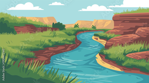 Flat vector landscape of a tranquil river flowing, minimalist nature scene with calm water, gentle hills and clear sky isolated on white background for environmental and travel design