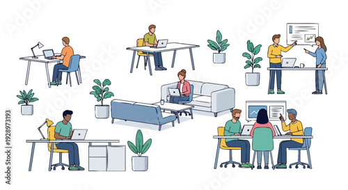Flat 2D illustration of a coworking open space area with people working at desks in a modern, collaborative environment.