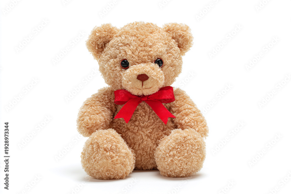 Fototapeta premium Adorable fluffy teddy bear with red bow tie offering comfort and joy, perfect for baby showers, children's gifts, or heartwarming branding, a classic symbol of love