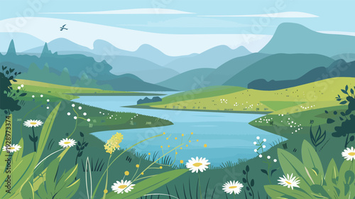 Flat vector landscape of a tranquil river flowing, minimalist nature scene with calm water, gentle hills and clear sky isolated on white background for environmental and travel design