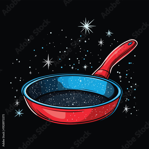 Cartoon illustration of a clean, empty frying pan or skillet with sparkles on a black background. Kitchen utensil for cooking. , vector style simple color