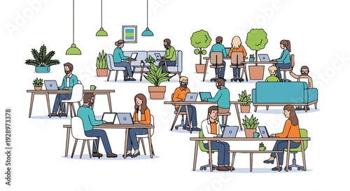 Flat 2D illustration of people working in a coworking open space area with desks and plants