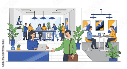 Illustration of a man greeting a receptionist in a modern coworking open space area with a flat 2D design.