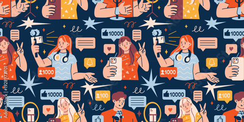 Seamless blogging background with characters, smartphone and social media symbols. Streamer wallpaper pattern for online channel branding and digital content design.