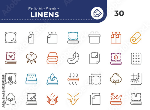 Collection of thirty editable linens icons featuring office supplies and stationery items in various colors and styles on a clean background