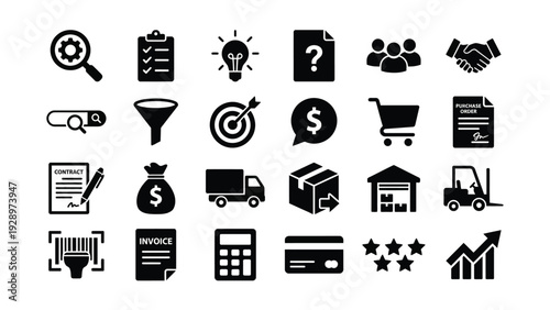 Black Business Icons Set on White Background Including Finance and Logistics Symbols