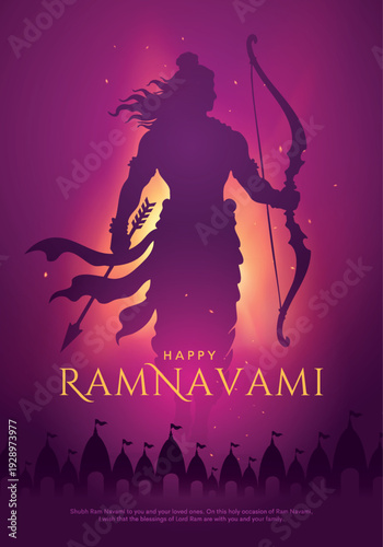 Shree Ram Navami, vector Illustration, silhouette of Lord Rama with bow arrow background, Social media post, Poster and Banner design template.