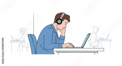 A man wearing headphones works on a laptop in a flat 2D illustration of a coworking open space area with a minimalist style.