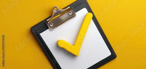 The Clipboard with Bold Yellow Checkmark on White Paper over Bright Yellow Background