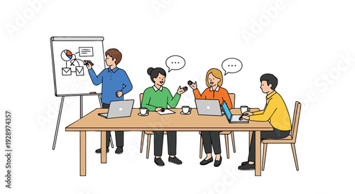 Flat 2D illustration of a diverse team collaborating in a coworking open space area with laptops and a whiteboard.