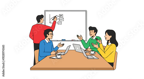 Flat 2D illustration of a diverse team collaborating in a coworking open space area with laptops and a whiteboard.
