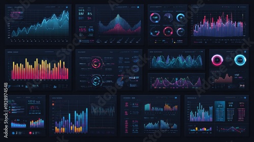 Futuristic Data Visualization Collection with Graphs, Charts, and Metrics in Dark Mode Design for Presentations and Analysis
