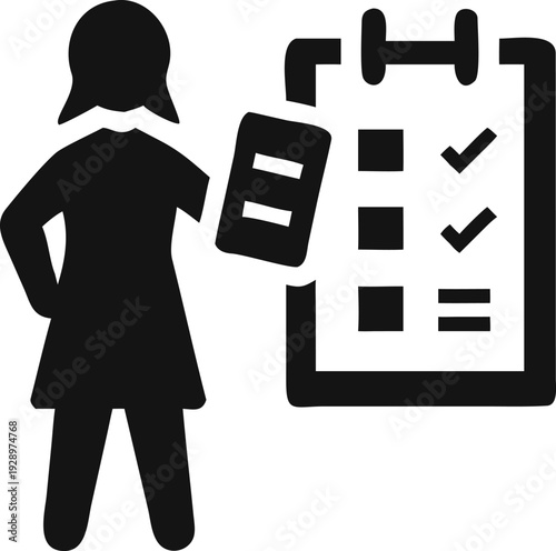 Female professional evaluating tasks on a checklist board for business efficiency and project completion