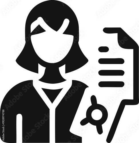 Female Professional Examining a Document with Gears Representing Mechanical Process and Engineering Solutions