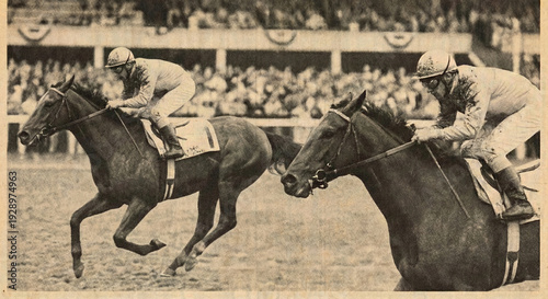 Nostalgic Halftone Print of Thoroughbred Horses Galloping at the Hippodrome