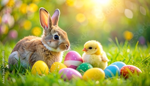 A cute fluffy pink easter bunny toy sits in the green spring grass with colorful seasonal eggs and floral decorations for a soft holiday celebration