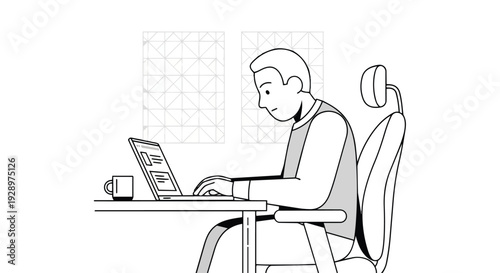 Flat 2D illustration of a man working on a laptop in a coworking open space area with a minimalist design.