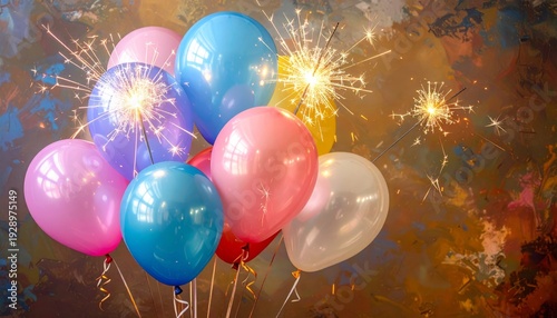 A vibrant bunch of colorful helium balloons floats across a clear sky background, creating a happy birthday celebration scene perfect for a festive party surprise or anniversary decoration