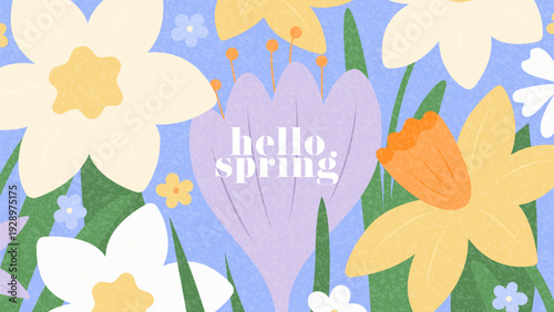 Cute Spring floral card. Beautiful blooming wildflowers. Daffodils, daisies, and crocuses form a spring composition. Spring floral banner for branding, cover, Easter, Mothers Day, ads Womens Day.