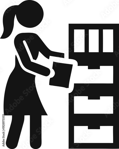 Female professional worker organizing documents into a multi drawer storage cabinet in an office setting