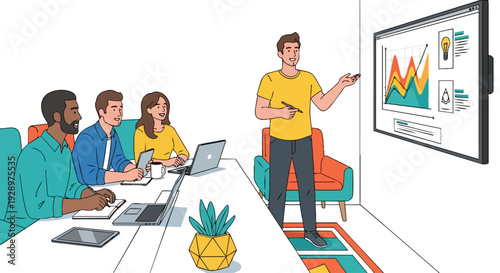 Flat 2D illustration of a diverse team collaborating in a coworking open space area with a presenter pointing at a screen