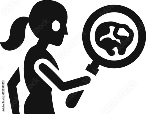 Female researcher closely examines a complex biological structure through a magnifying glass