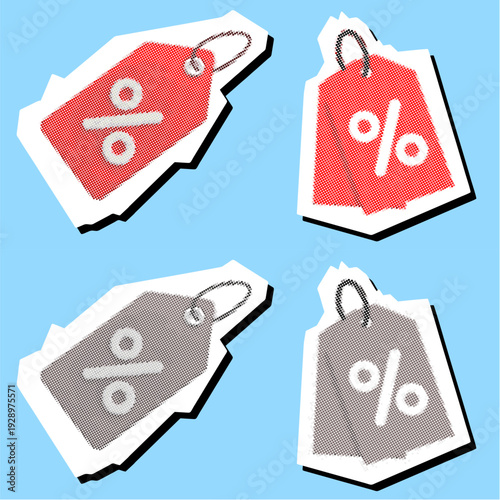 Set discount tag editable halftone scrapbook element vector for zine advertisements. Ideal for symbolizing vintage price cuts, pop art promotional sales, and nostalgic bargains.