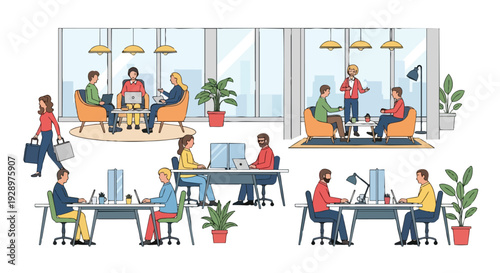 Flat 2D illustration of a diverse group of people working and collaborating in a modern coworking open space area with plants and laptops.