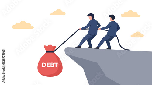 Businessmen Pulling Debt Bag Off Cliff — Financial Crisis Concept Illustration