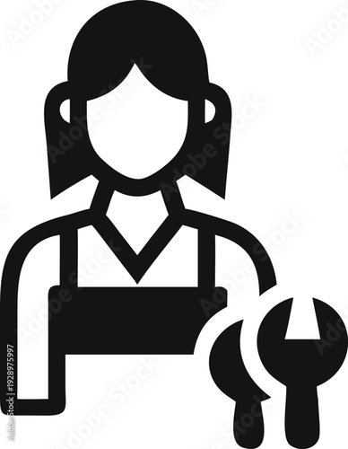 Female tradeswoman wearing an apron with two wrenches representing skilled manual labor and repair services