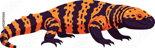 A Gila monster lizard crawls with vibrant orange and black banded patterns isolated on white background