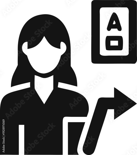 Female user icon moving forward with an arrow towards a document or specific advertising option