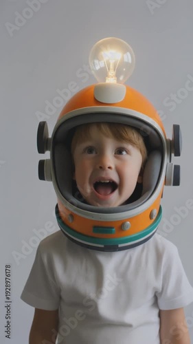 Young boy wearing orange astronaut helmet.